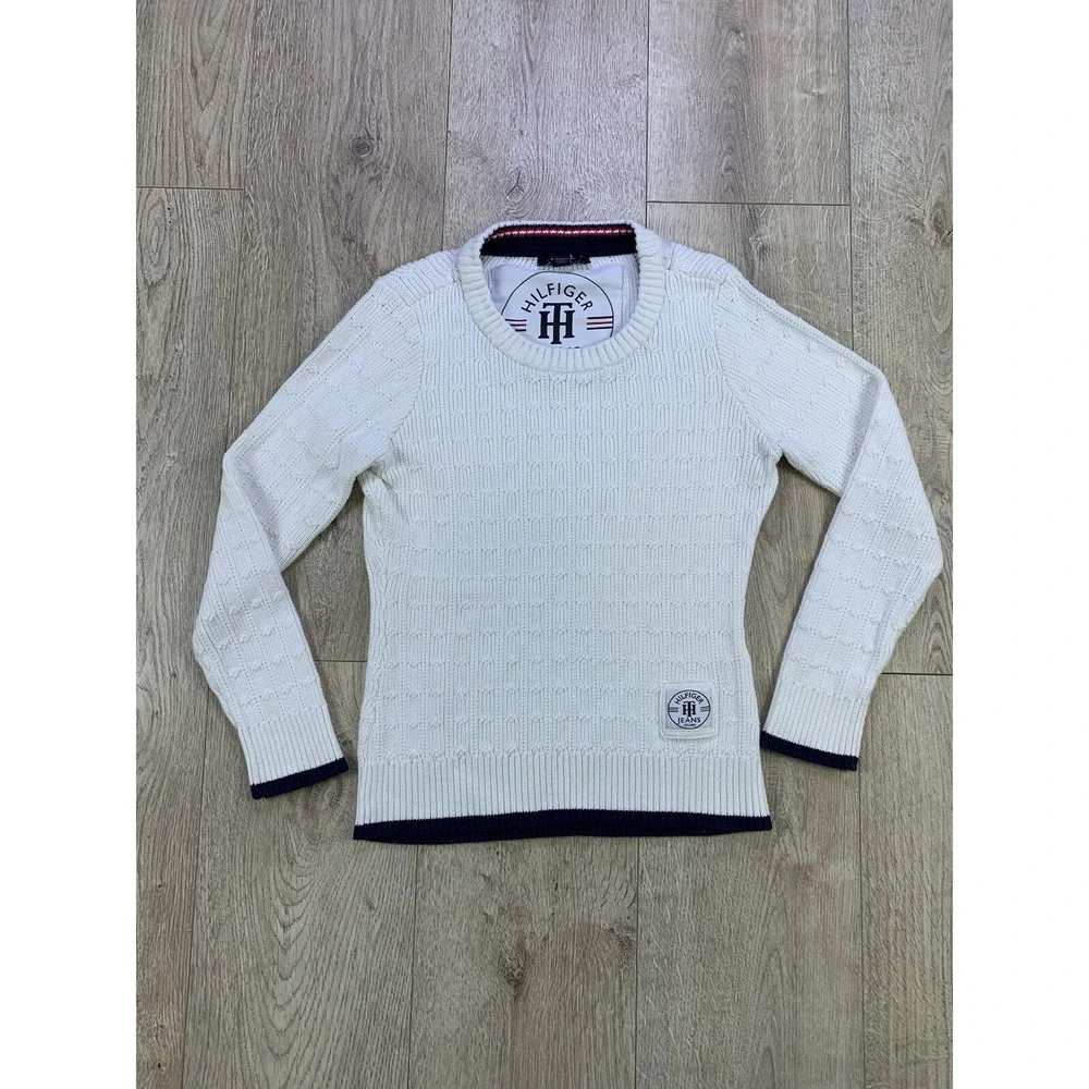 Tommy Hilfiger Sweater Womens Med White Cable Knit Cotton Classic Preppy‎ Tennis